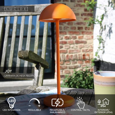 Lucide JOY - Lámpara de mesa Recargable Dentro/Fuera - Batería/acumulador - Ø 12 cm - LED Regul. - 1x1,5W 3000K - IP54 - Naranja